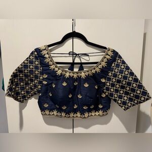 One of a Kind Blue with Gold Embroidered Details Crop Top - hand made fabric